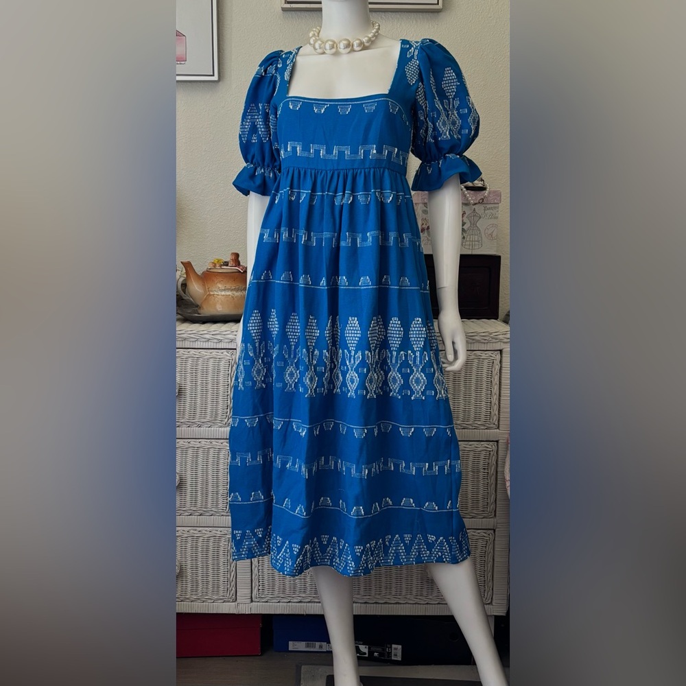Stela 9 Casa de Stela Original Guatemala Midi Dress Cotton Puffy Sleeves Size XS